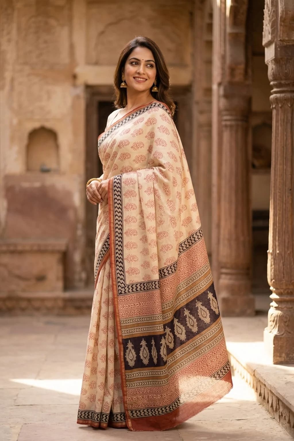 Off White Rust Maheshwari Silk Cotton Saree with Dark Grey Contrast Woven Zari Border – Model Displaying Full Saree