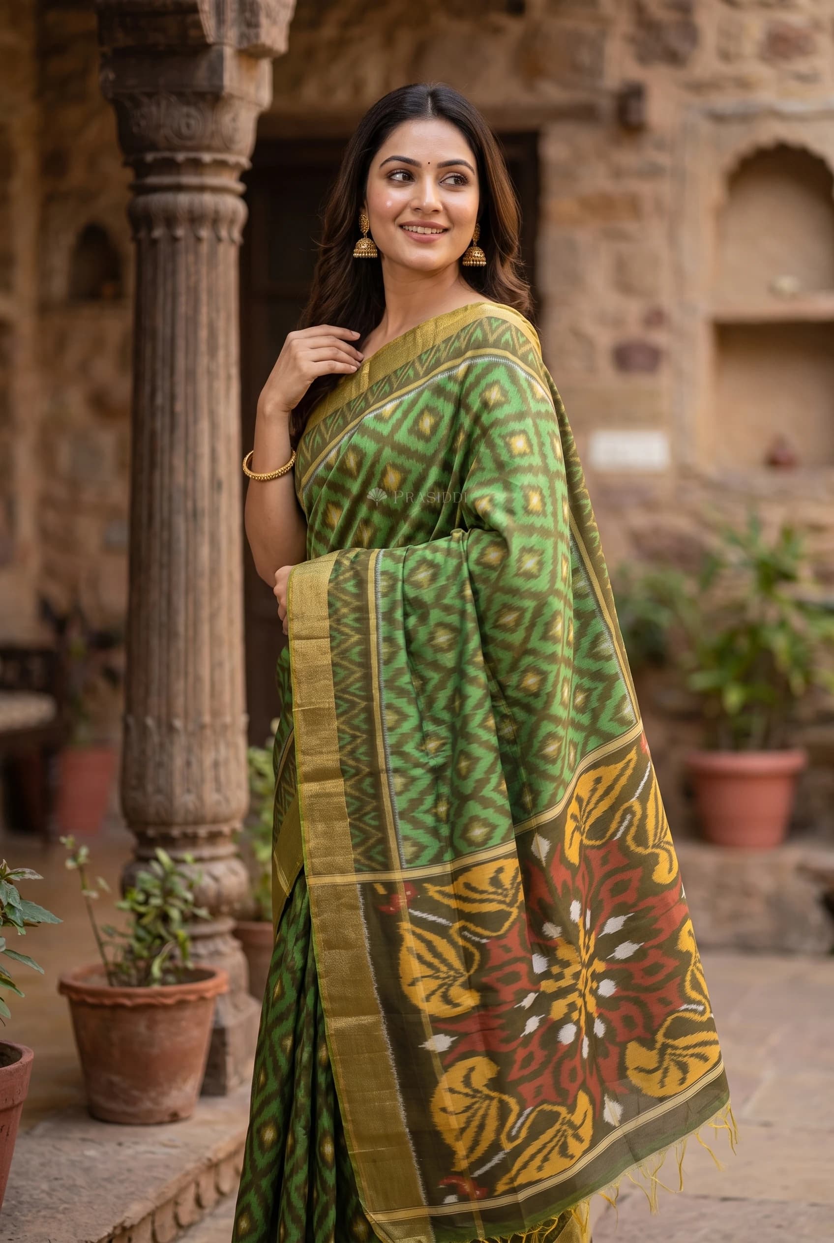 Olive Green and Brown Silk Cotton Saree with Classical Border and Printed Design – Model Displaying Full Saree