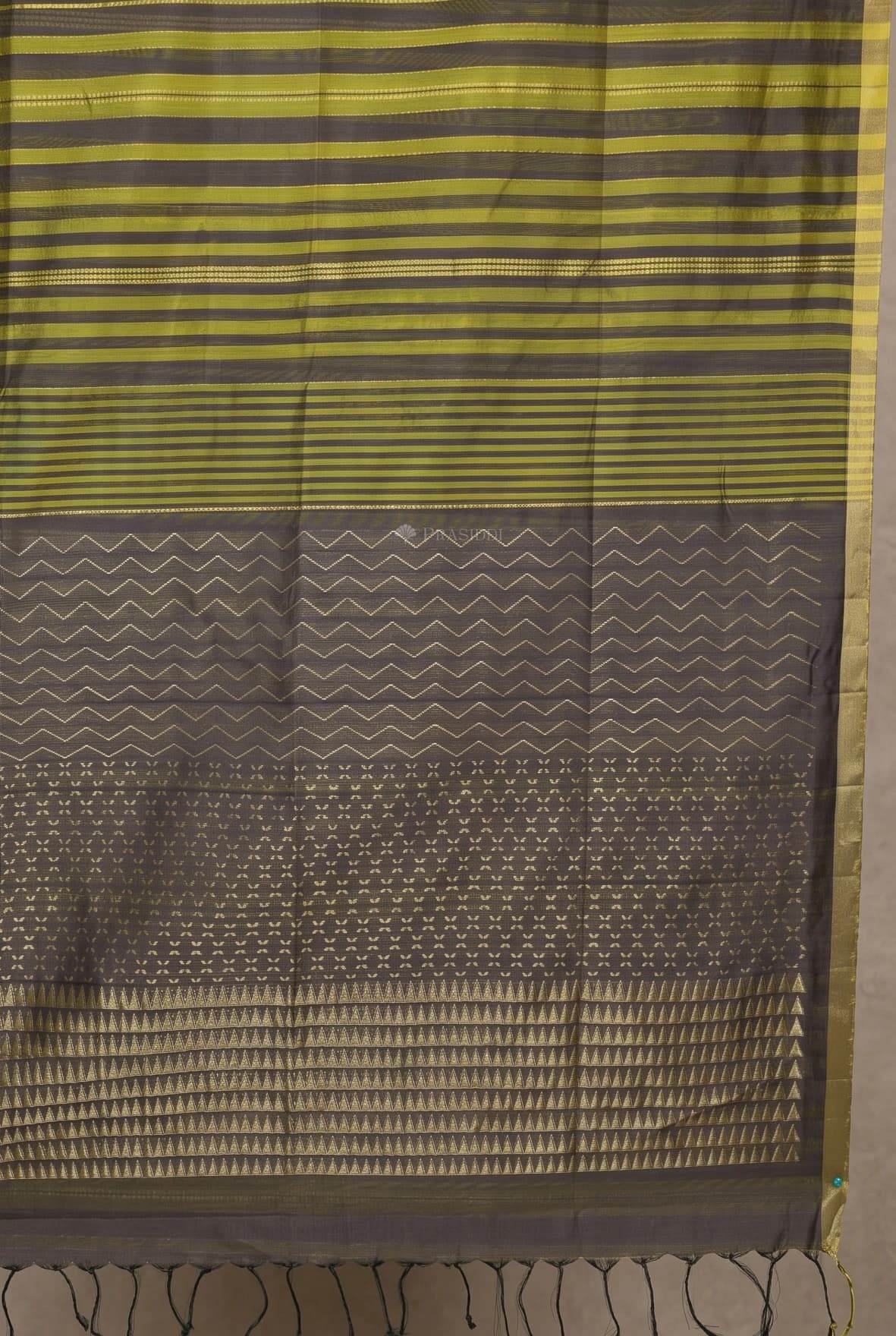 Olive Green and Elephant Grey Soft Silk Saree with Minimal Border and Woven Design. – Display Image