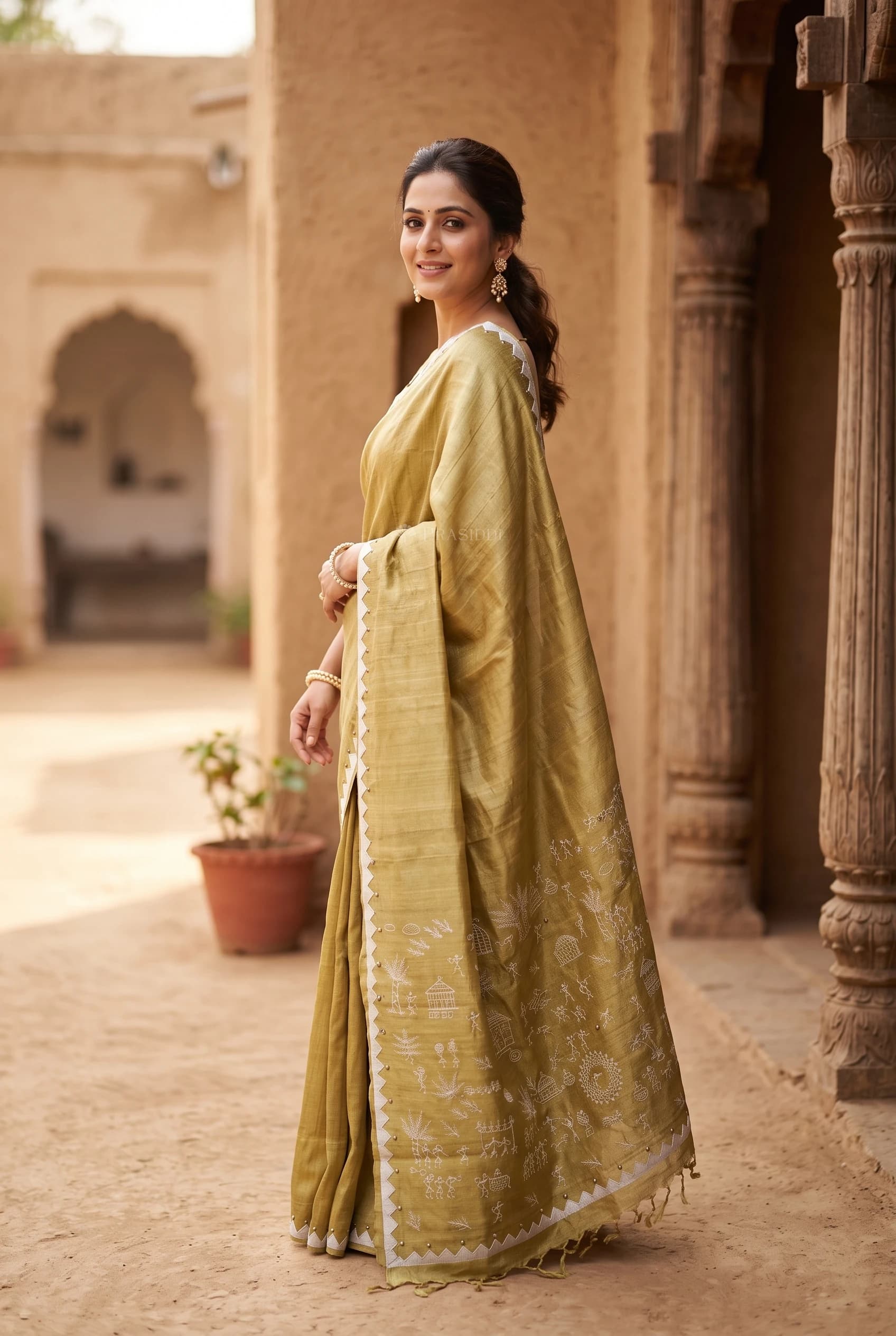 Olive Green Embroidered Tussar Silk Saree with Multicolor Border – Model Displaying Full Saree