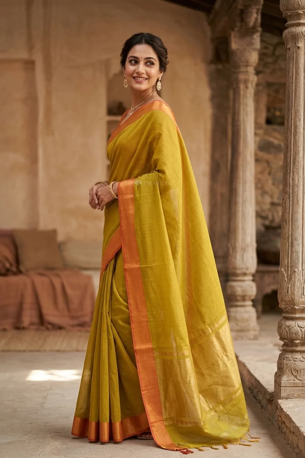 Olive Green Mangalgiri Cotton Saree with Minimal Border and Woven Design. – Model Displaying Full Saree