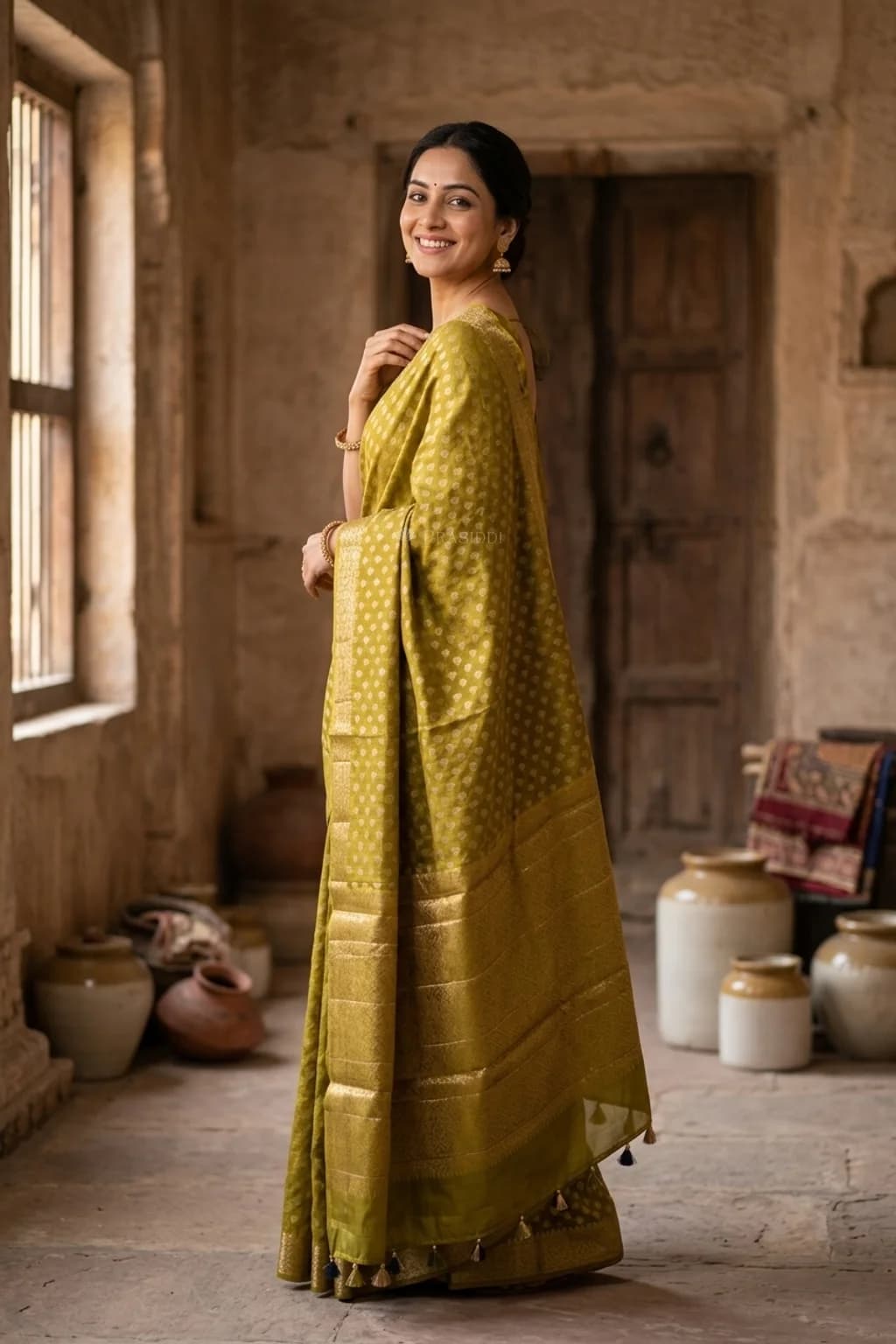 Olive Green Silk Cotton Saree with Butti Design and Classical Border – Model Displaying Full Saree