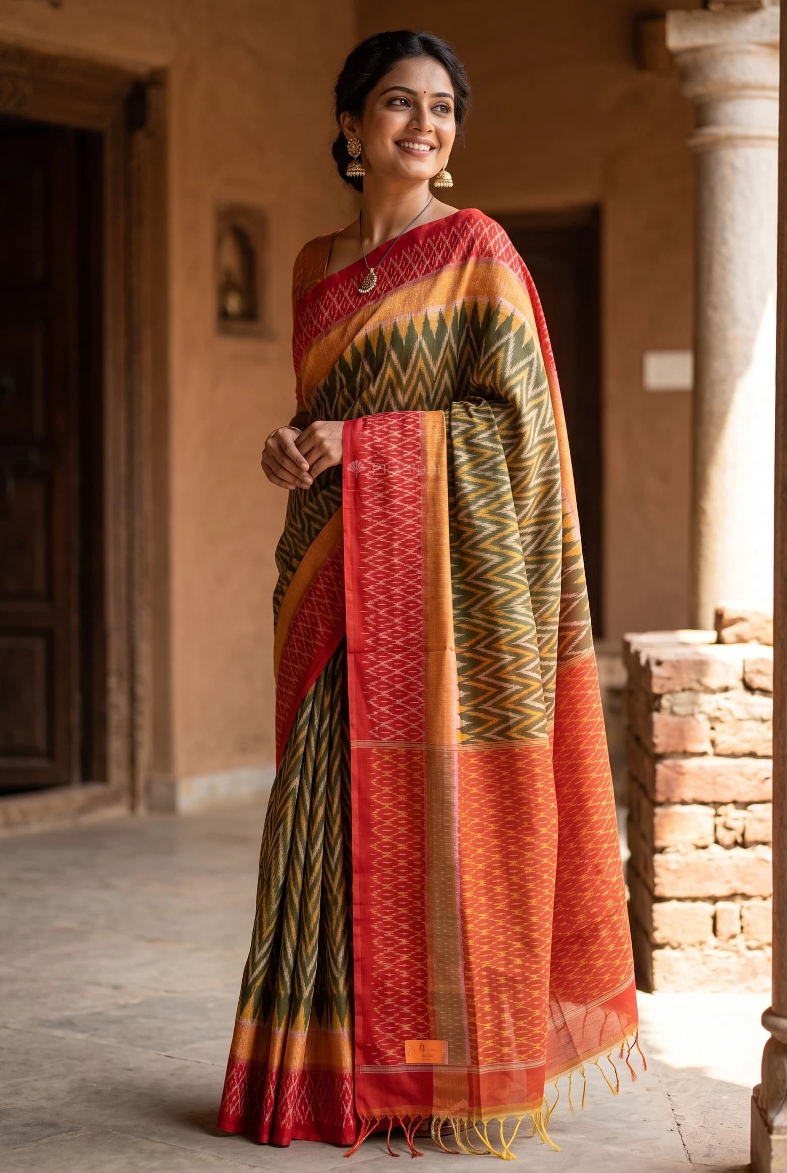 Olive Green Silk Cotton Saree with Contrast Border in Orangish Pink – Display Image