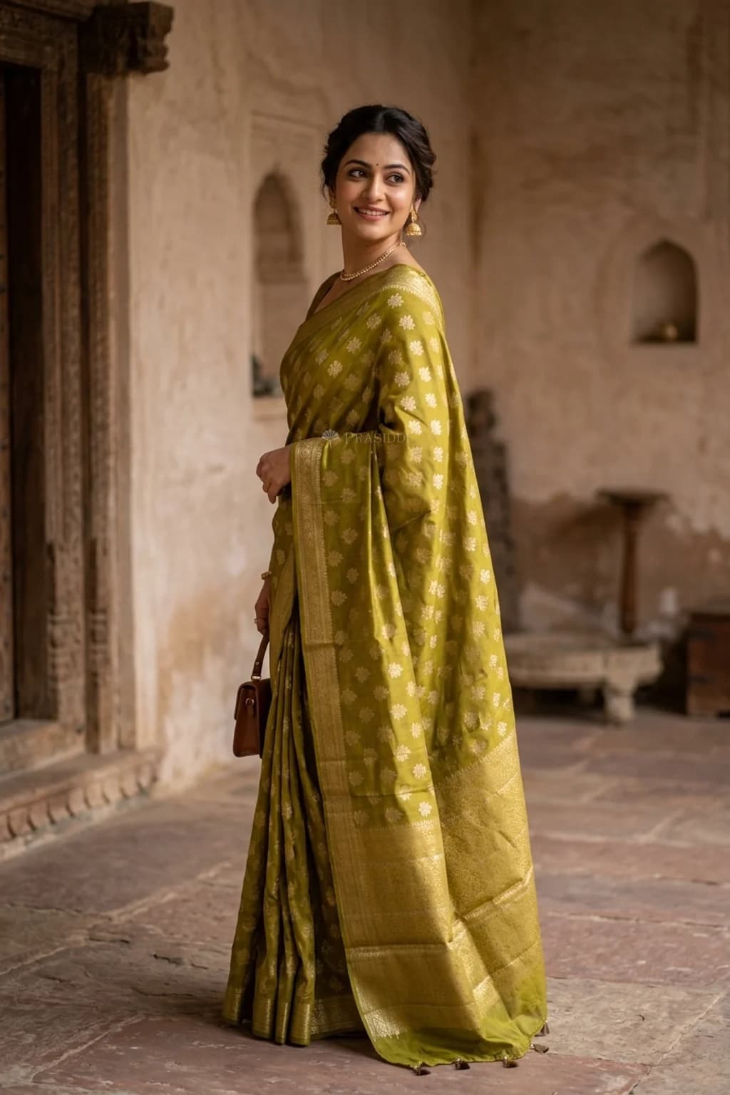 Olive Green Silk Cotton Saree with Woven Work and Butti Motifs and classical border border – Model Displaying Full Saree