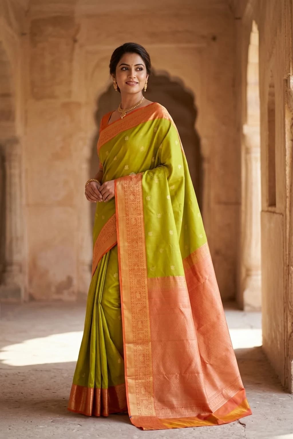 Olive Green Silk Saree with Orangish Pink Classical Border and Motifs. – Model Displaying Full Saree