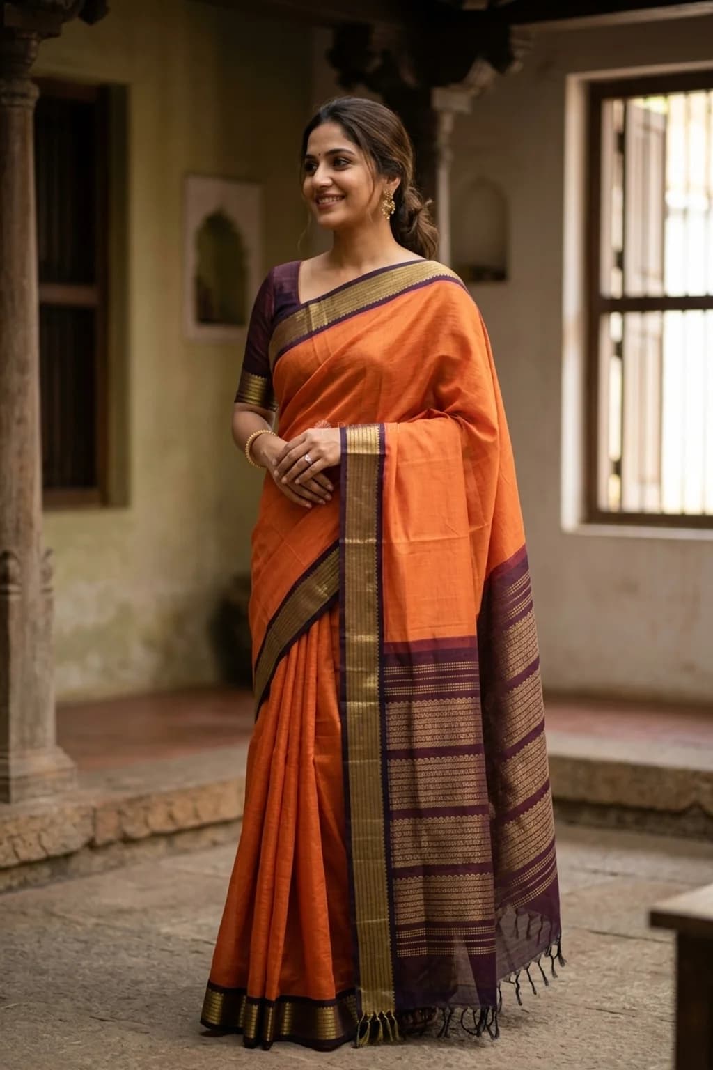 Orange and Brown Pattur Silk Cotton Saree with Designer Border – Model Displaying Full Saree