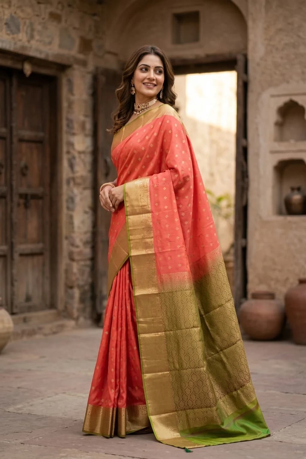 Orange and Brown Soft Silk Saree with Woven Motif and Classical Contrast Border. – Model Displaying Full Saree