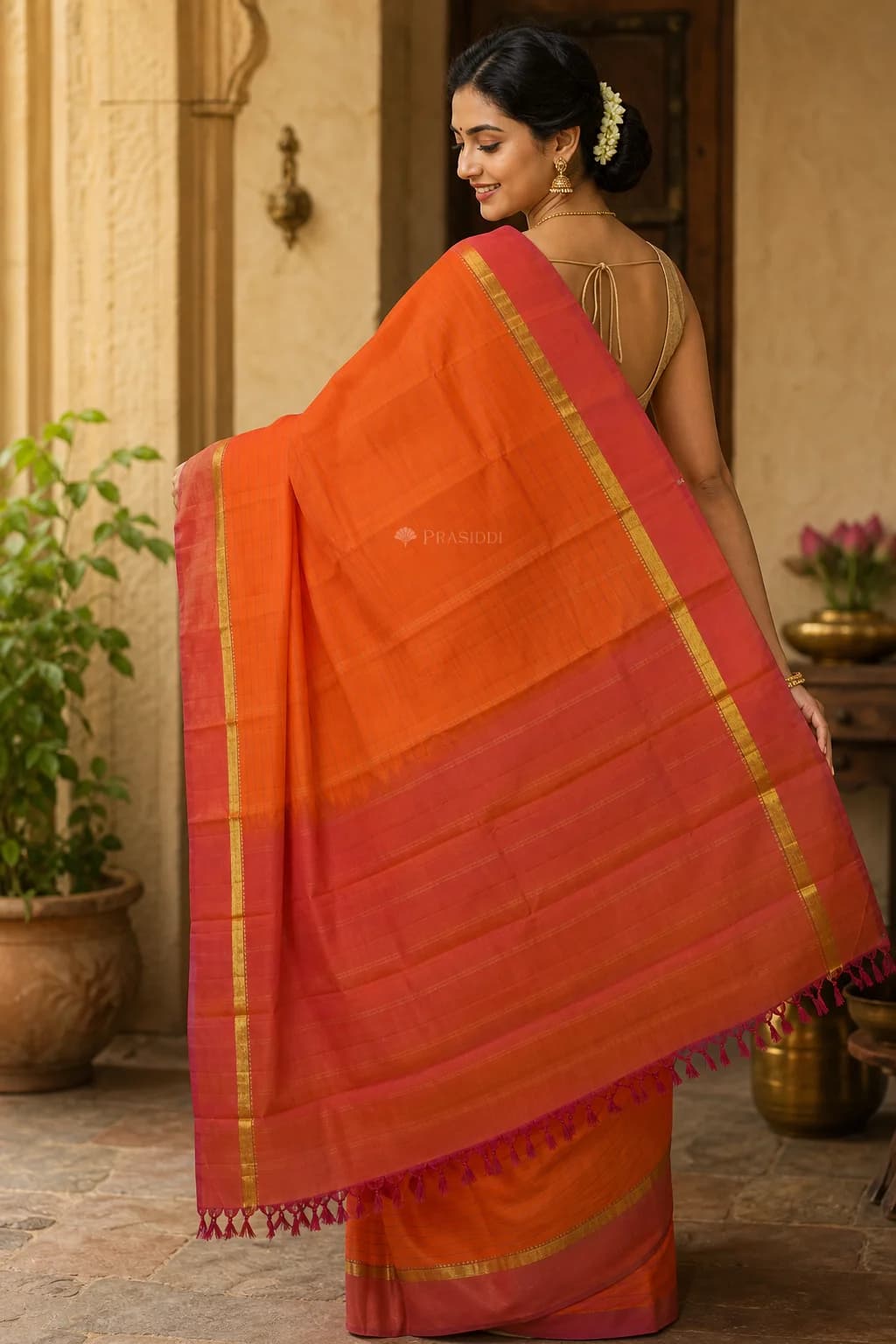 Orange and Pinkish Orange Silk Saree with Contrast Border and Woven Design. – 003 Joy Standing Product CG3