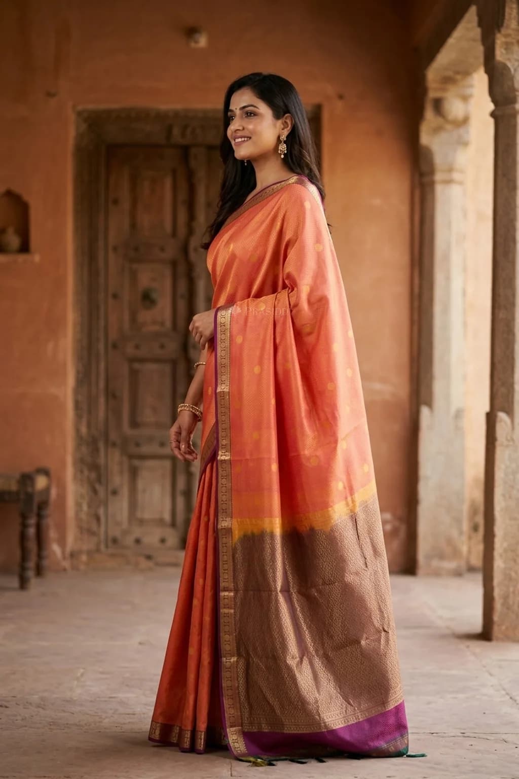 Orange and Purple Butti Silk Saree with Classical Border and Grand Pallu. – Model Displaying Full Saree
