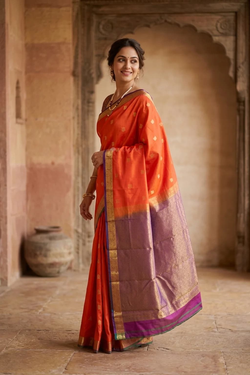 Orange and Purplish Silk Saree with Woven Motifs and Contrast Zari Border. – Model Displaying Full Saree