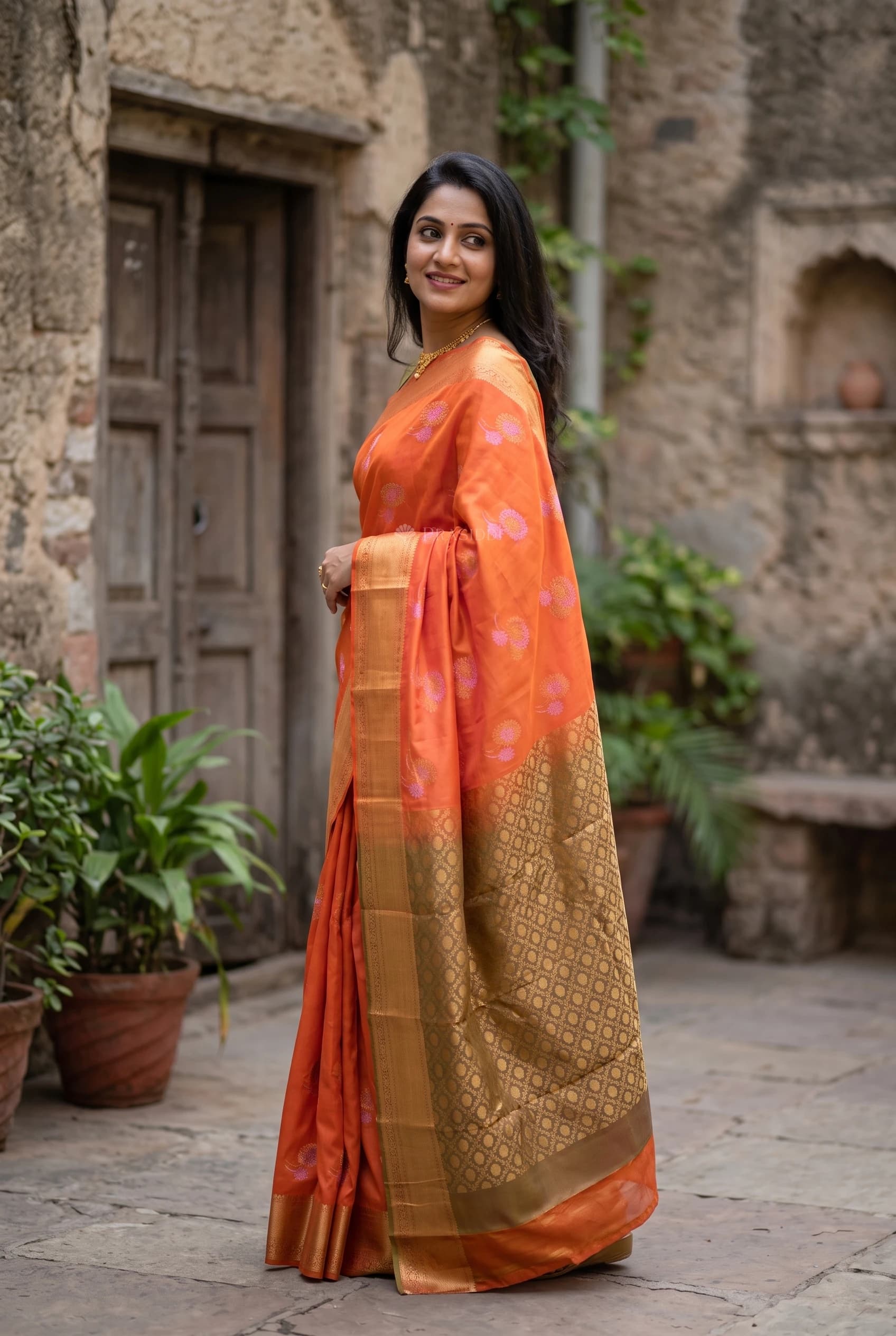 Orange Brown Designer Silk Cotton Saree with Classical Border and Woven Motifs. – Model Displaying Full Saree