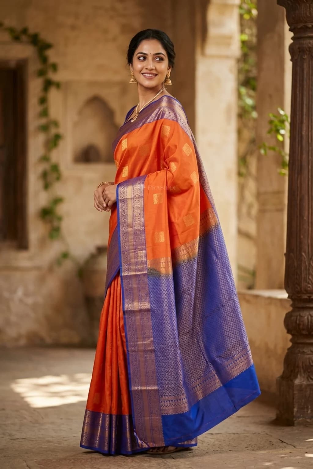 Orange & Cerulean Blue Silk Saree with Woven Work and Motif and contrast woven zari border – Model Displaying Full Saree