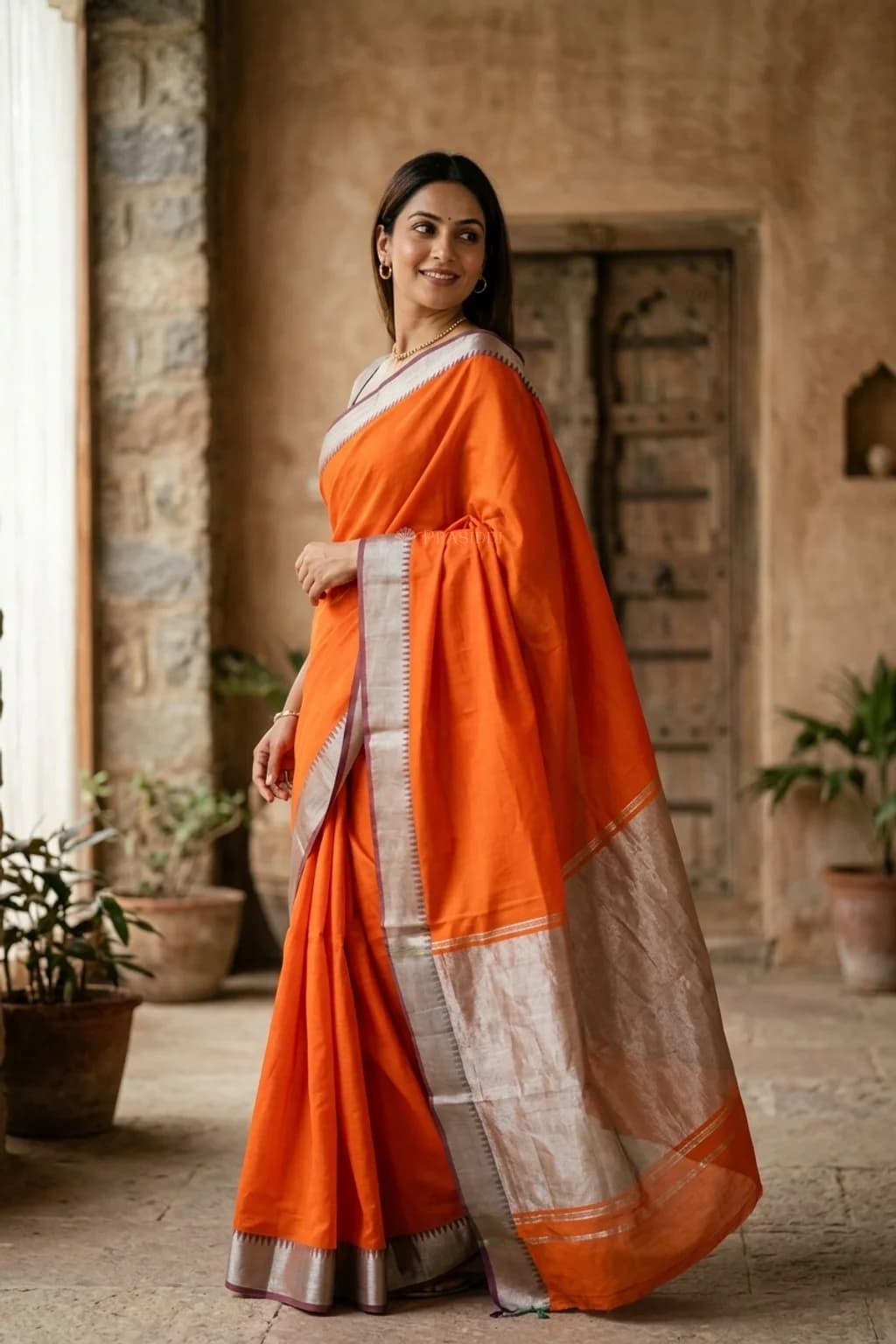 Orange Mangalgiri Cotton Saree with Classical Border Design – Model Displaying Full Saree