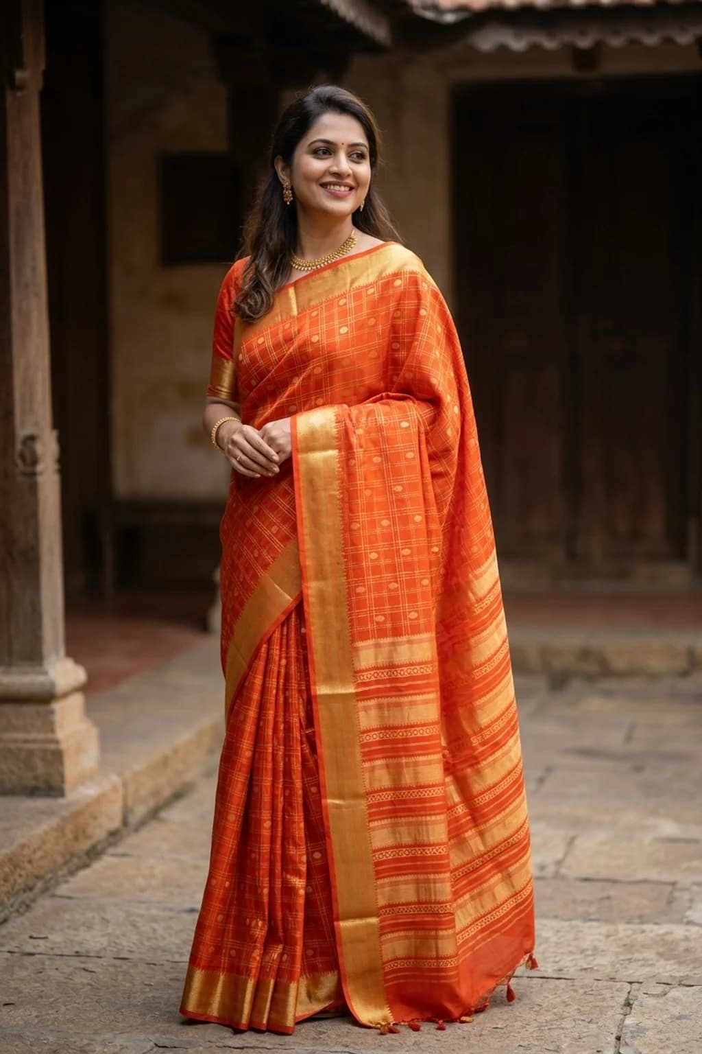 Orange Mysore Silk Saree with Classical Border and Body Zari Checks – Model Displaying Full Saree