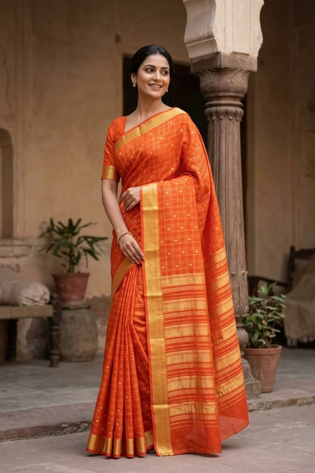 Orange Mysore Silk Saree with Classical Contrast Border – Model Displaying Full Saree
