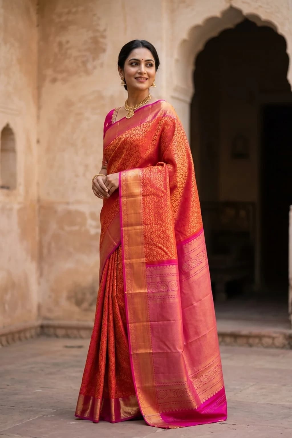 Orange Pink Geometric Silk Saree with Contrast Woven Zari Border and Pallu. – Model Displaying Full Saree