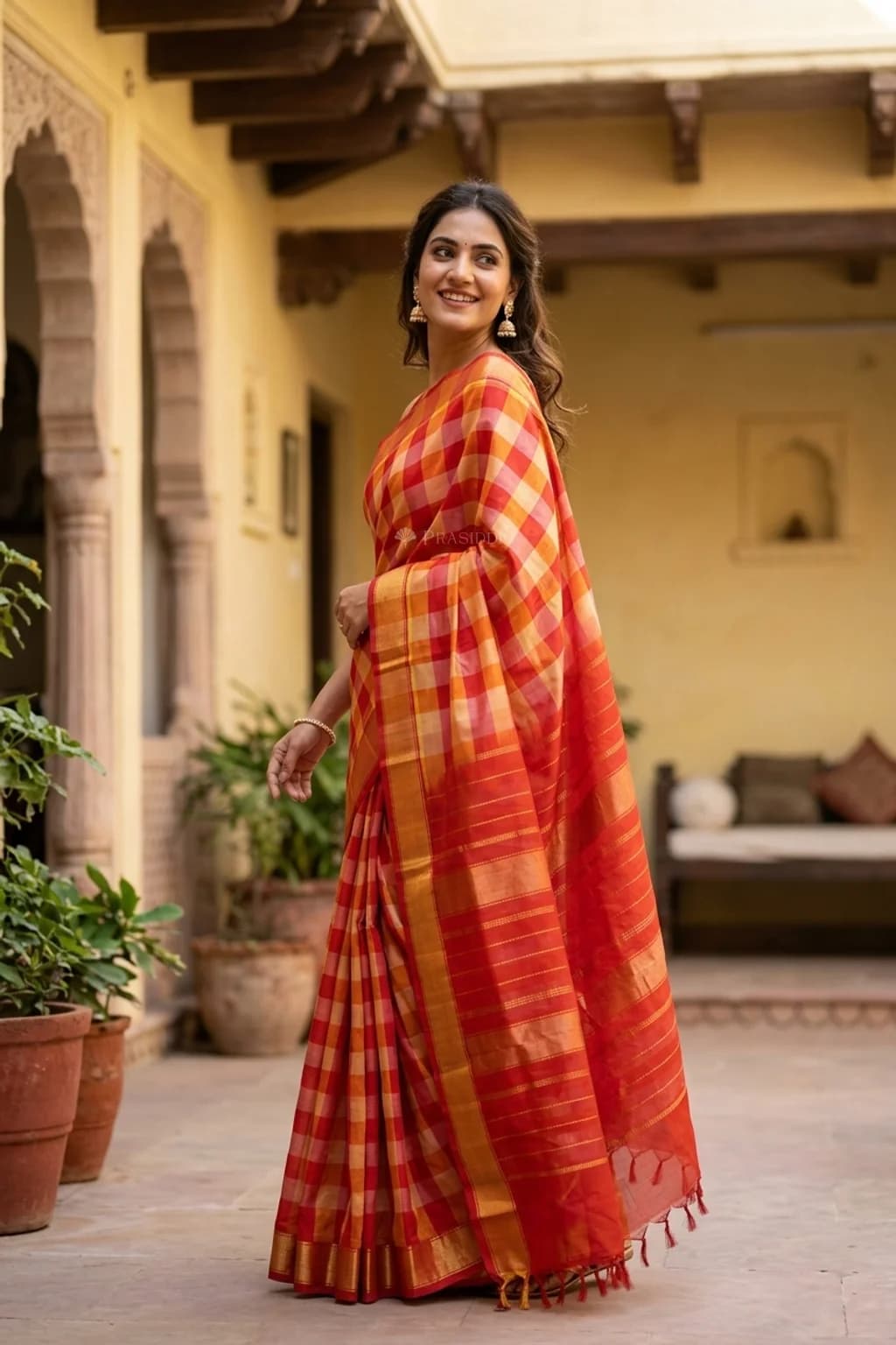Orange Red Pattur Silk Cotton Saree with Classical Tissue Border and Multicolour Checked Body. – Model Displaying Full Saree