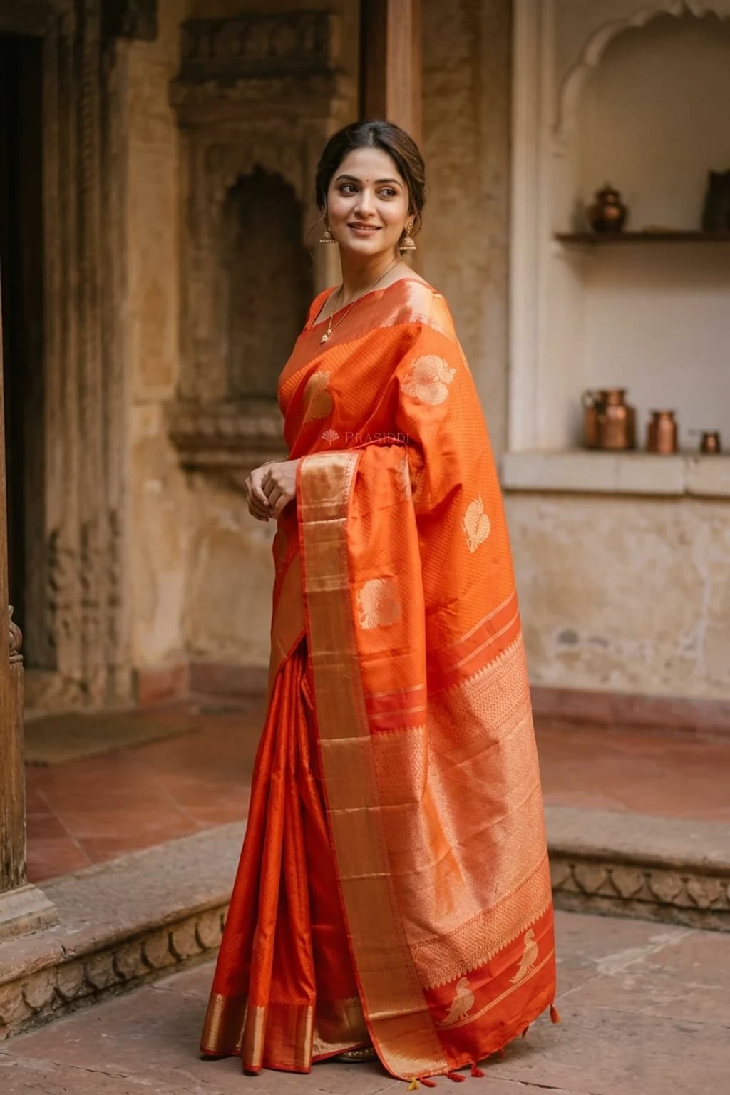 Orange Silk Saree with Peacock Motif and Classical Border – Model Displaying Full Saree
