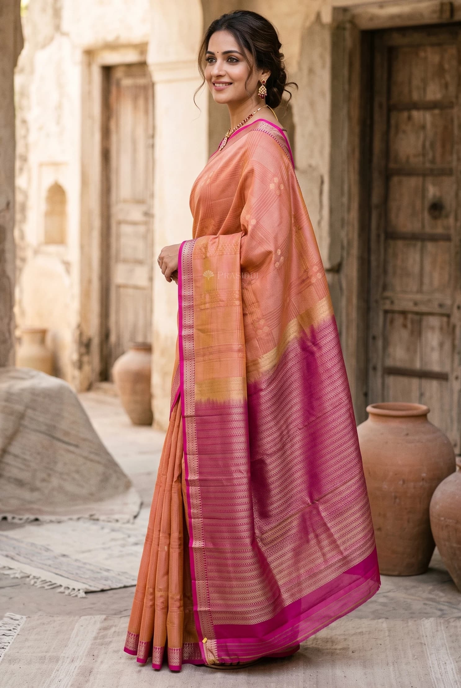 Orangish Pink and Purplish Designer Silk Saree with Contrast Border and Grand Pallu. – Display Image