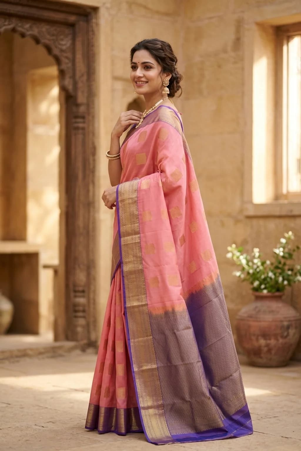 Orangish Pink & Blue Silk Saree with Woven Work and Motif and contrast woven zari border – Model Displaying Full Saree