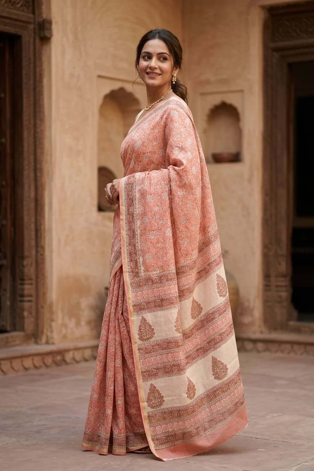 Orangish Pink Maheshwari Silk Cotton Saree with Off-white Printed Border – Model Displaying Full Saree