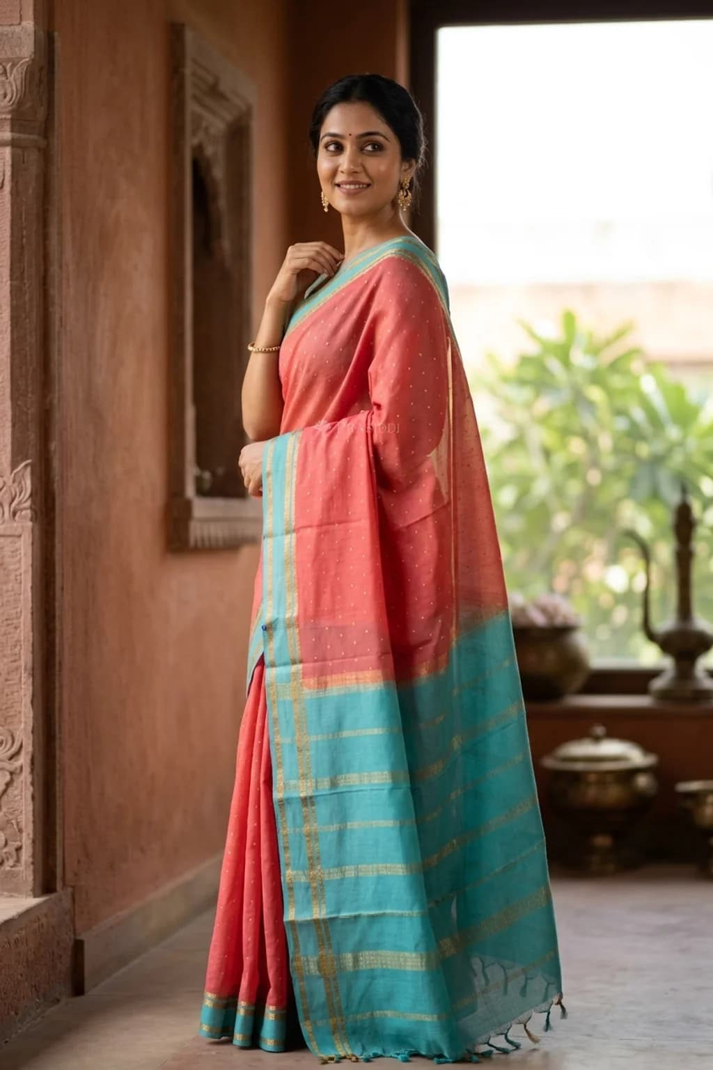 Orangish Pink Mysore Silk Saree with Turquoise Contrast Border and Butti Motifs. – Model Displaying Full Saree