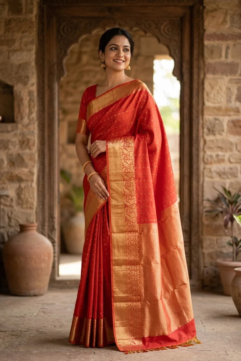 Orangish Pink Silk Saree with Classical Butti Design and Border – Model Displaying Full Saree