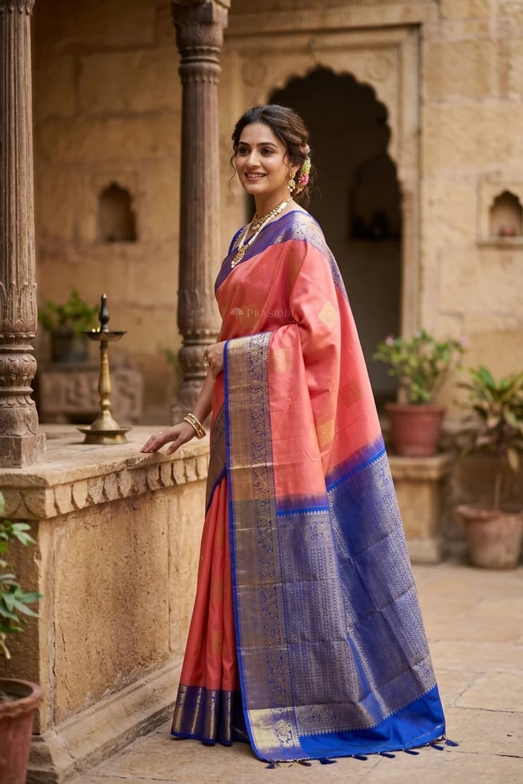 Orangish Rust and Cobalt Blue Silk Saree with Contrast Border and Grand Pallu. – Model Displaying Full Saree