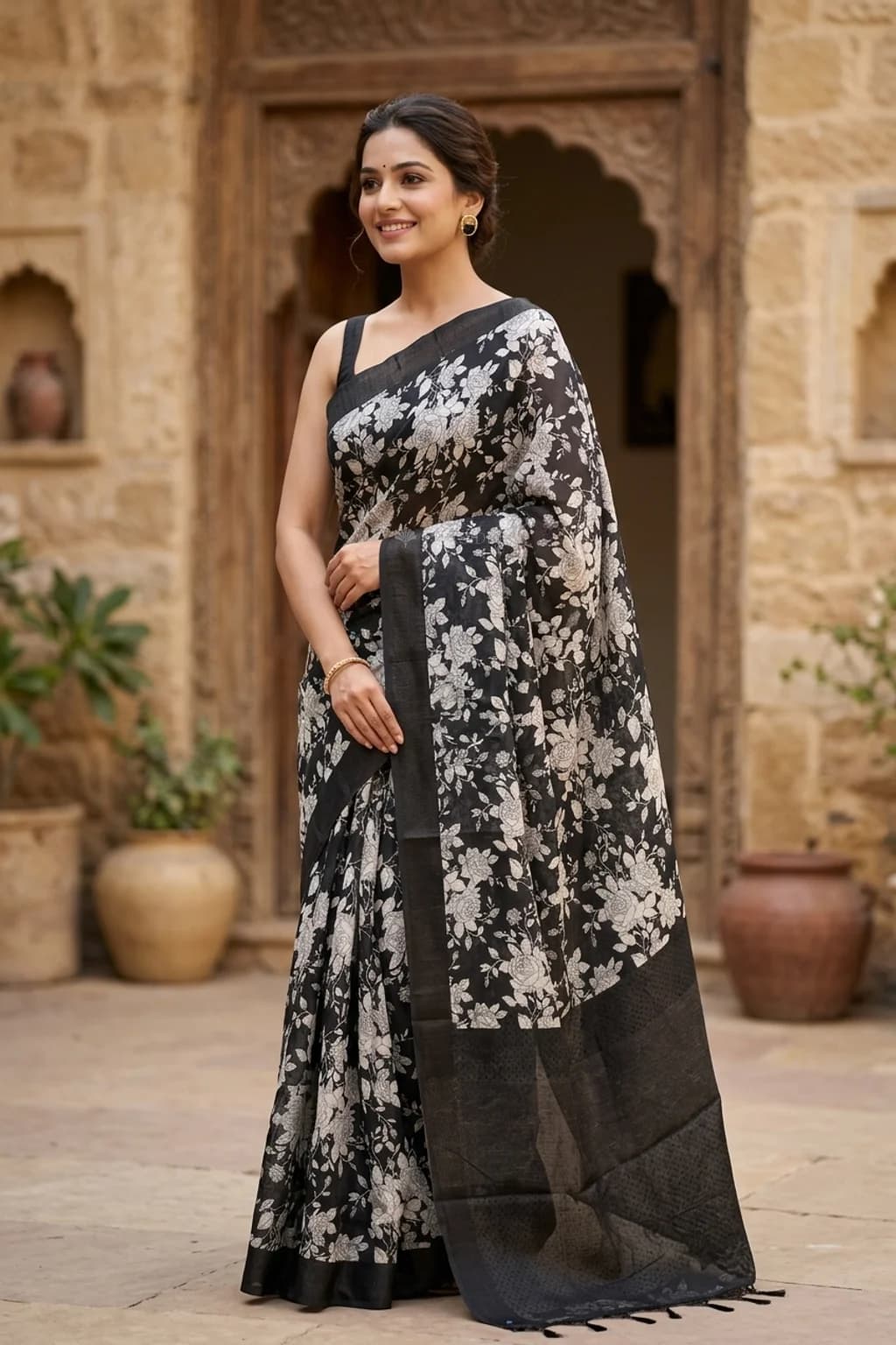Pearl and Black Maheshwari Silk Cotton Saree with Contrast Border and Digital Print. – Model Displaying Full Saree