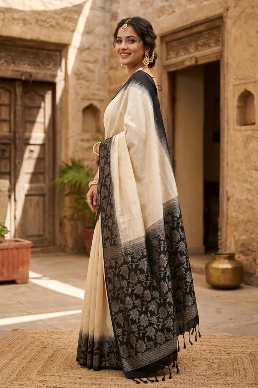 Pearl and Black Soft Silk Saree with Butti Motifs and Contrast Borders. – Display Image