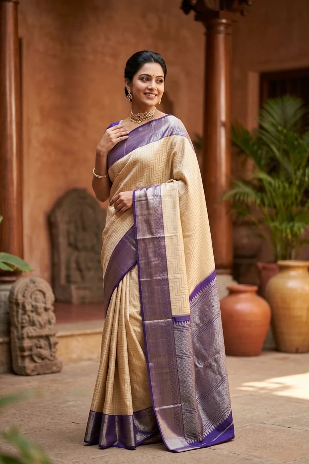 Pearl and Royal Blue Silk Saree with Contrast Border and Woven Design. – Model Displaying Full Saree