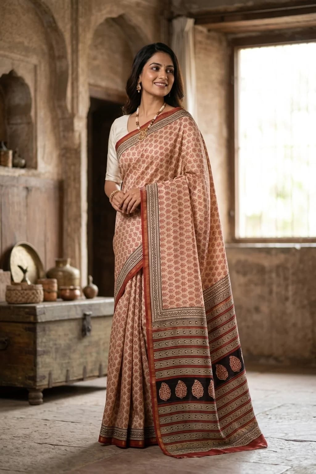 Pearl & Rustic Red Maheshwari Silk Cotton Saree with Printed Work and Printed Border – Model Displaying Full Saree