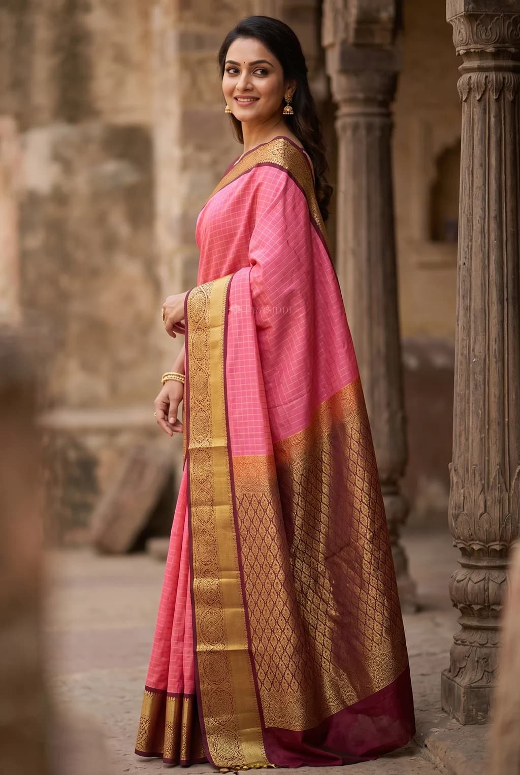 Pink and Chocolate Brown Traditional Silk Saree with Woven Zari Border – Display Image