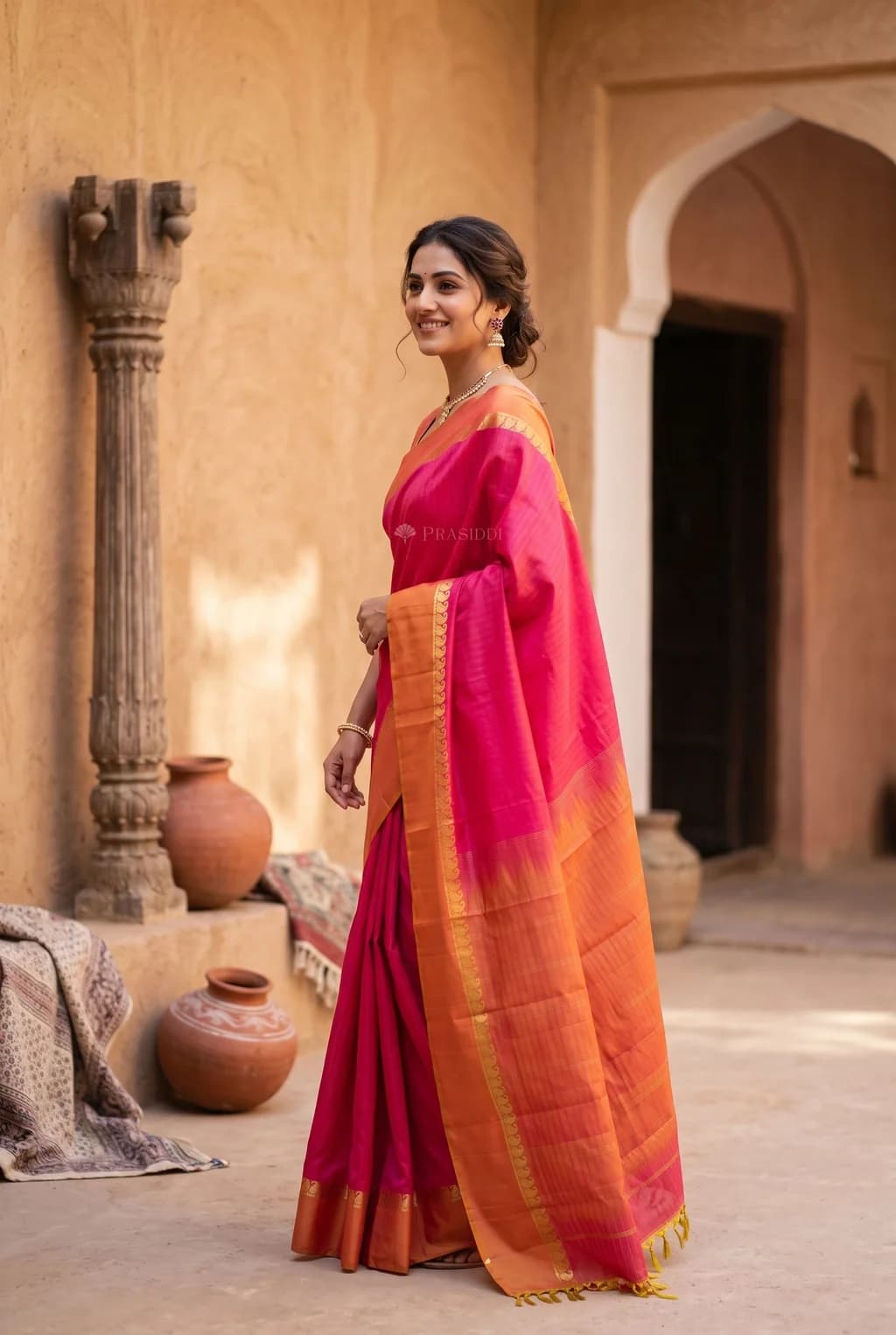 Pink and Orangish Pink Silk Saree with Contrast Border and Intricate Woven Design. – 002 Joy Standing Product NB2
