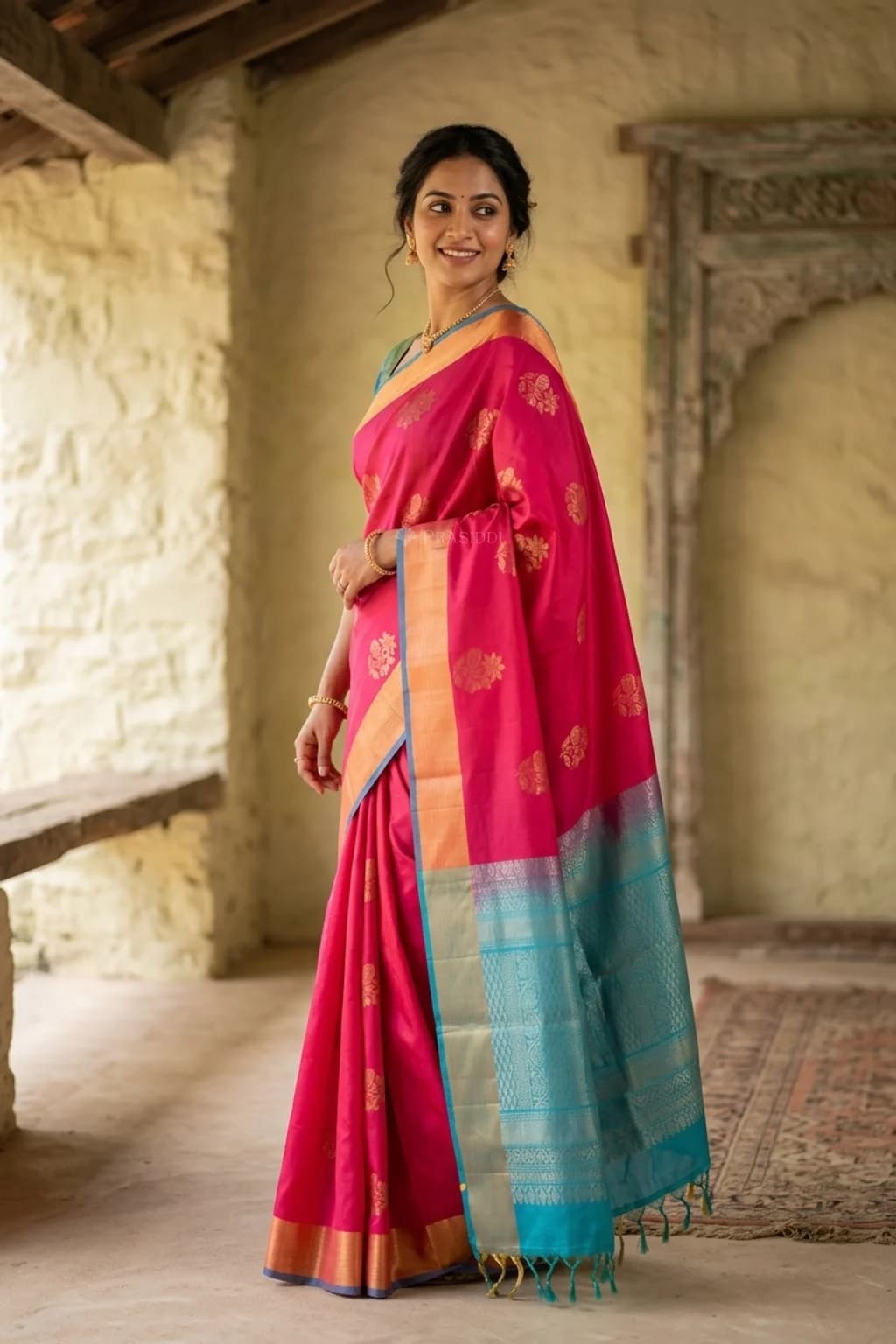 Pink and Turquoise Silk Saree with Woven Motifs and Tissue Border – Model Displaying Full Saree
