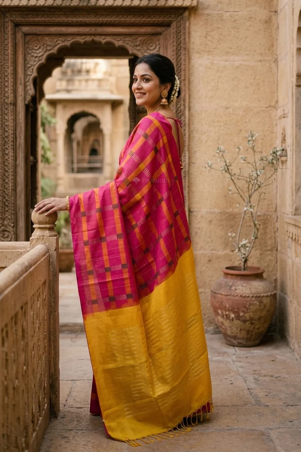Pink and Yellow Soft Silk Saree with a Woven Design and No Border. – Model Displaying Full Saree