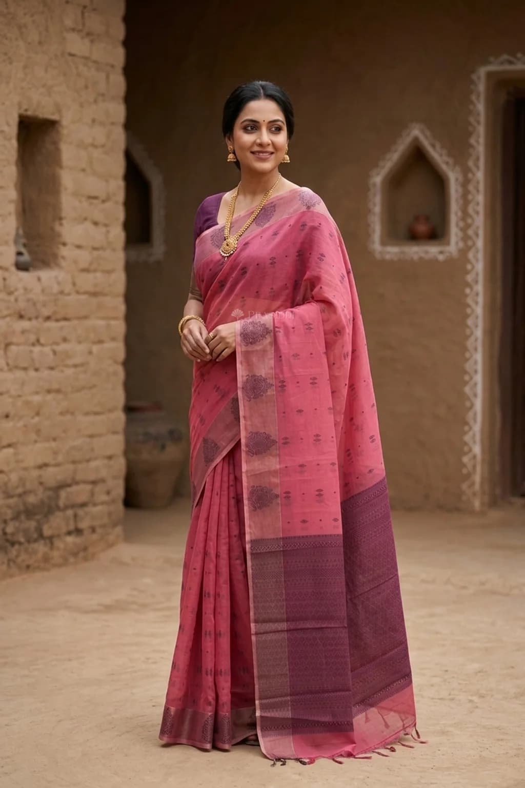 Pink Grey Silk Cotton Saree with Designer Border and Woven Thread Butta Motifs. – Model Displaying Full Saree