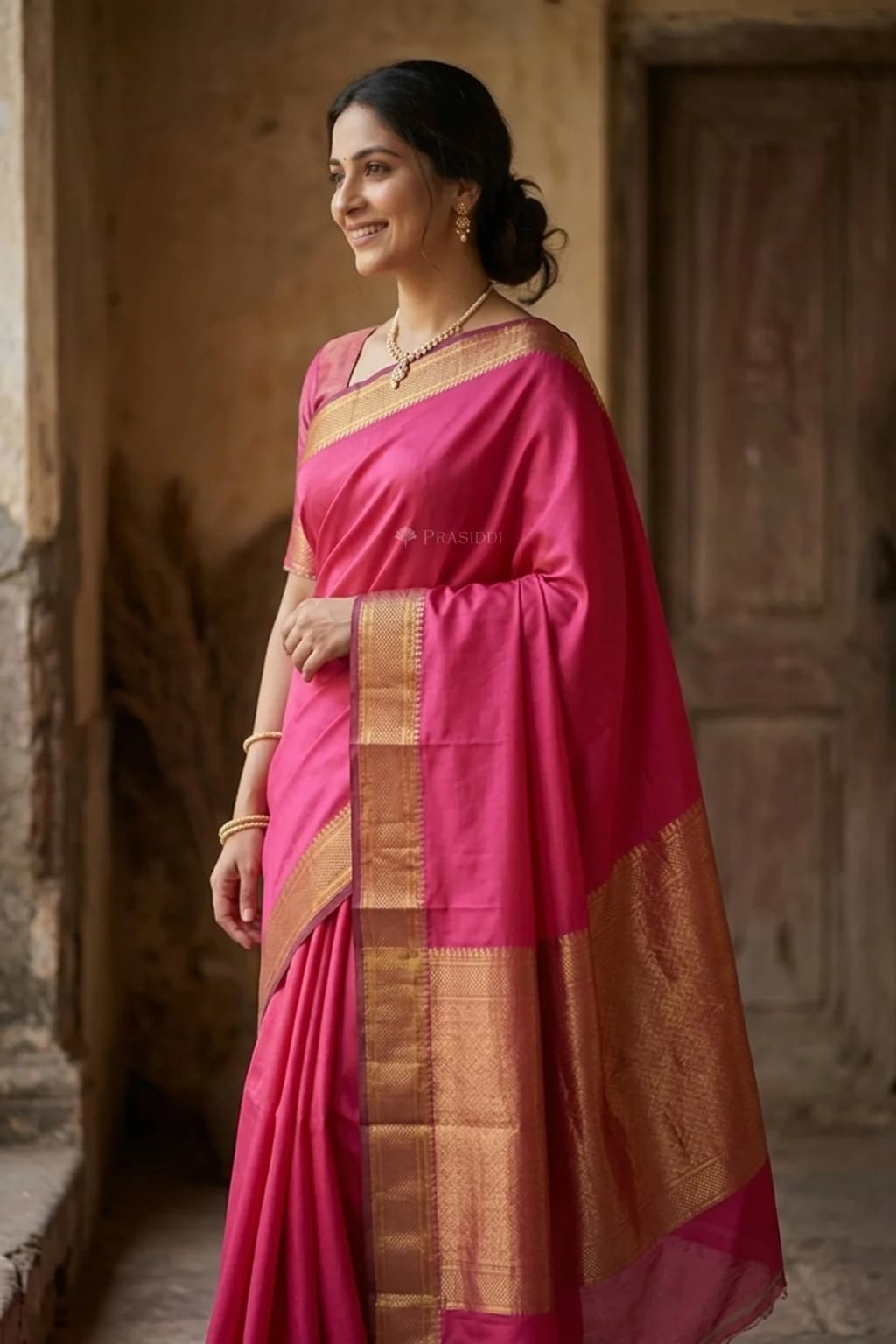 Pink Mangalgiri Cotton Saree with Minimal Border and Woven Design – Model Displaying Full Saree