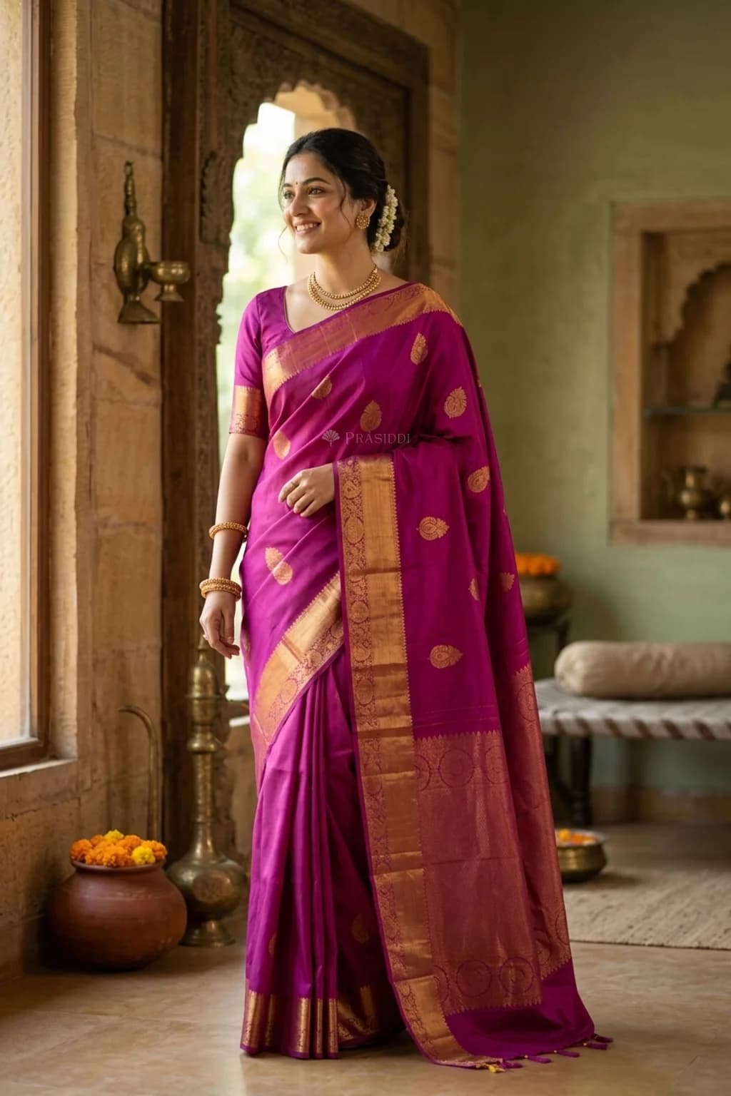 Pink Silk Saree Featuring Intricate Motifs and a Zari Border. – Model Displaying Full Saree