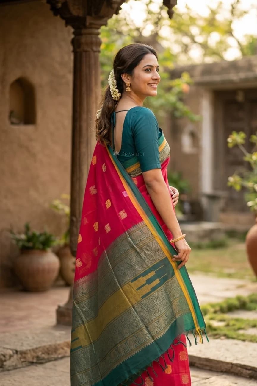 Pink Teal Tadapathri Cotton Saree Featuring a Peacock Motif and Contrast Teal Border. – Display Image