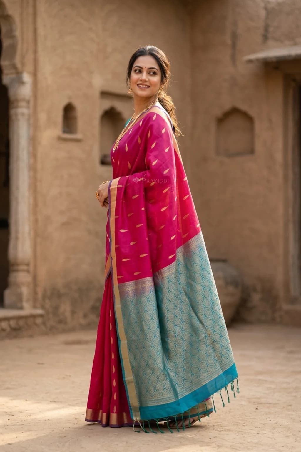 Pink & Turquoise Soft Silk Saree with Woven Work and Tissue Border – Model Displaying Full Saree