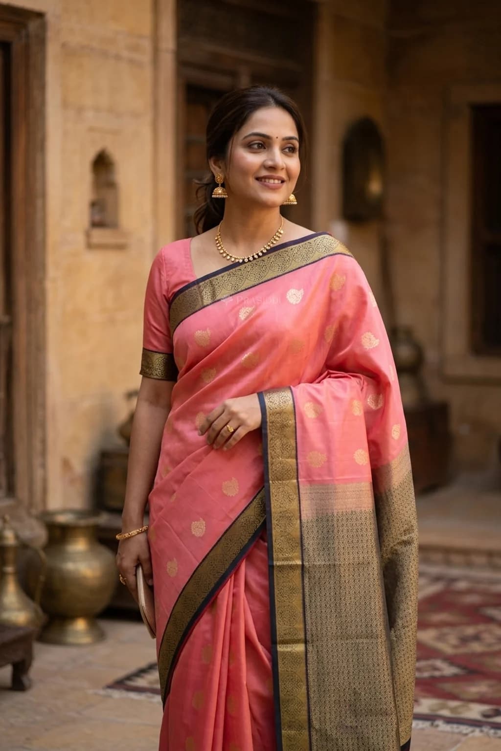 Pinkish Orange and Bottle Green Silk Saree with Mango Motifs and Contrast Border – Model Displaying Full Saree