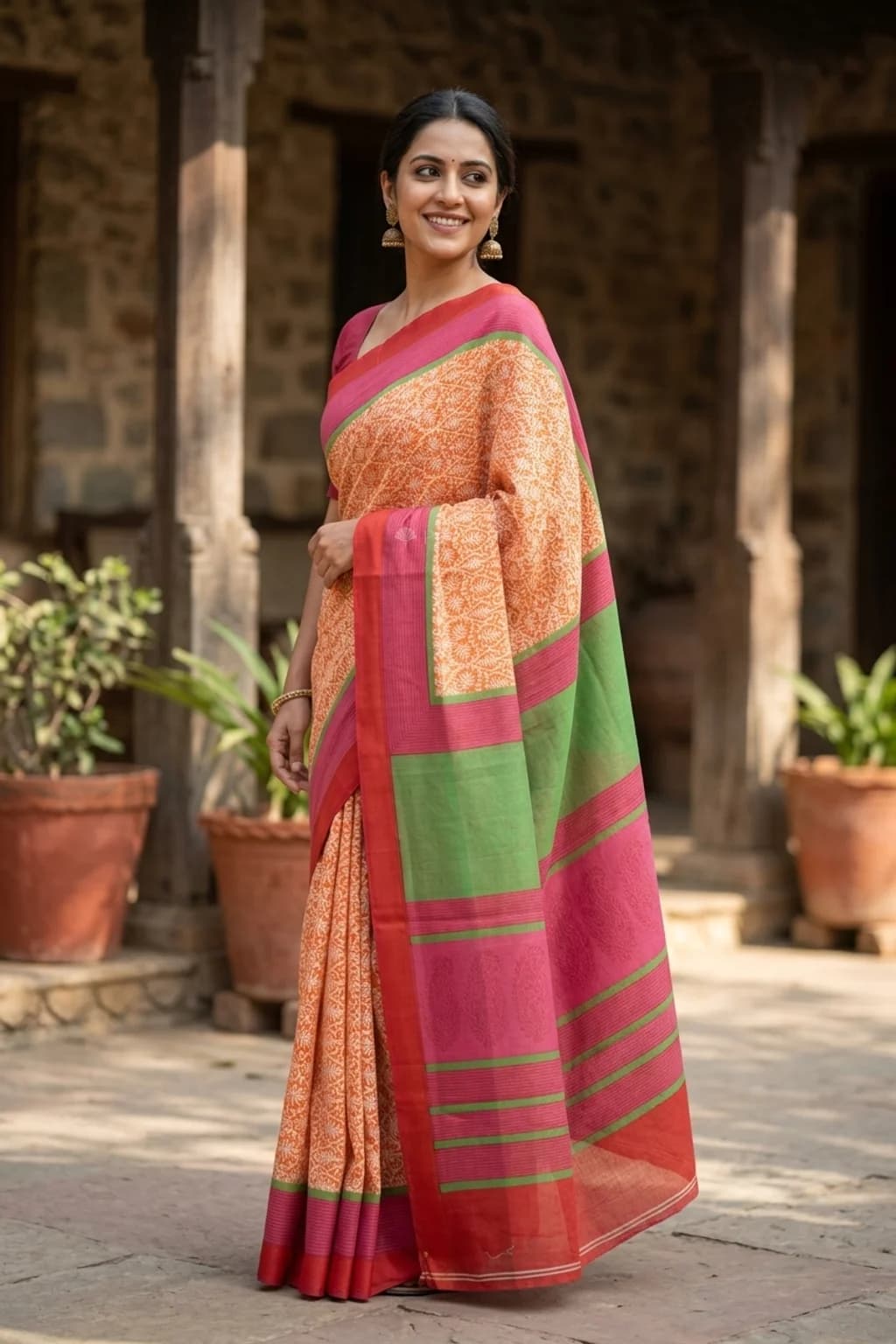 Pinkish Orange Maheshwari Silk Cotton Saree with a Red Contrast Border and Green Pallu. – Model Displaying Full Saree