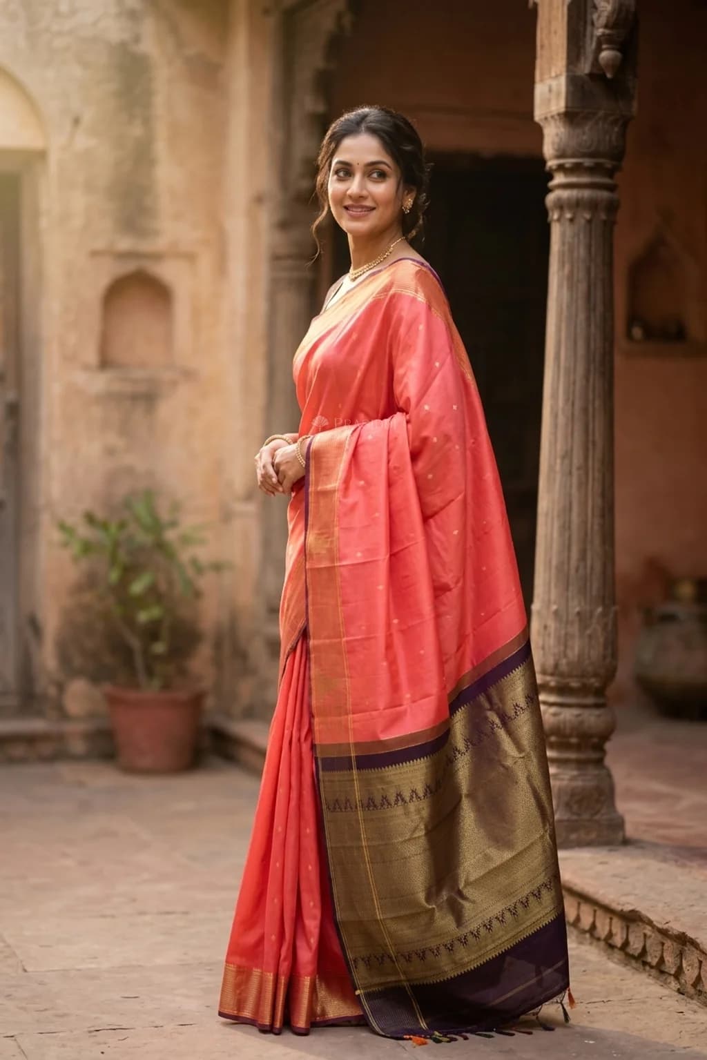 Pinkish Orange Silk Saree with Coffee Brown Temple Border and Pallu. – Model Displaying Full Saree
