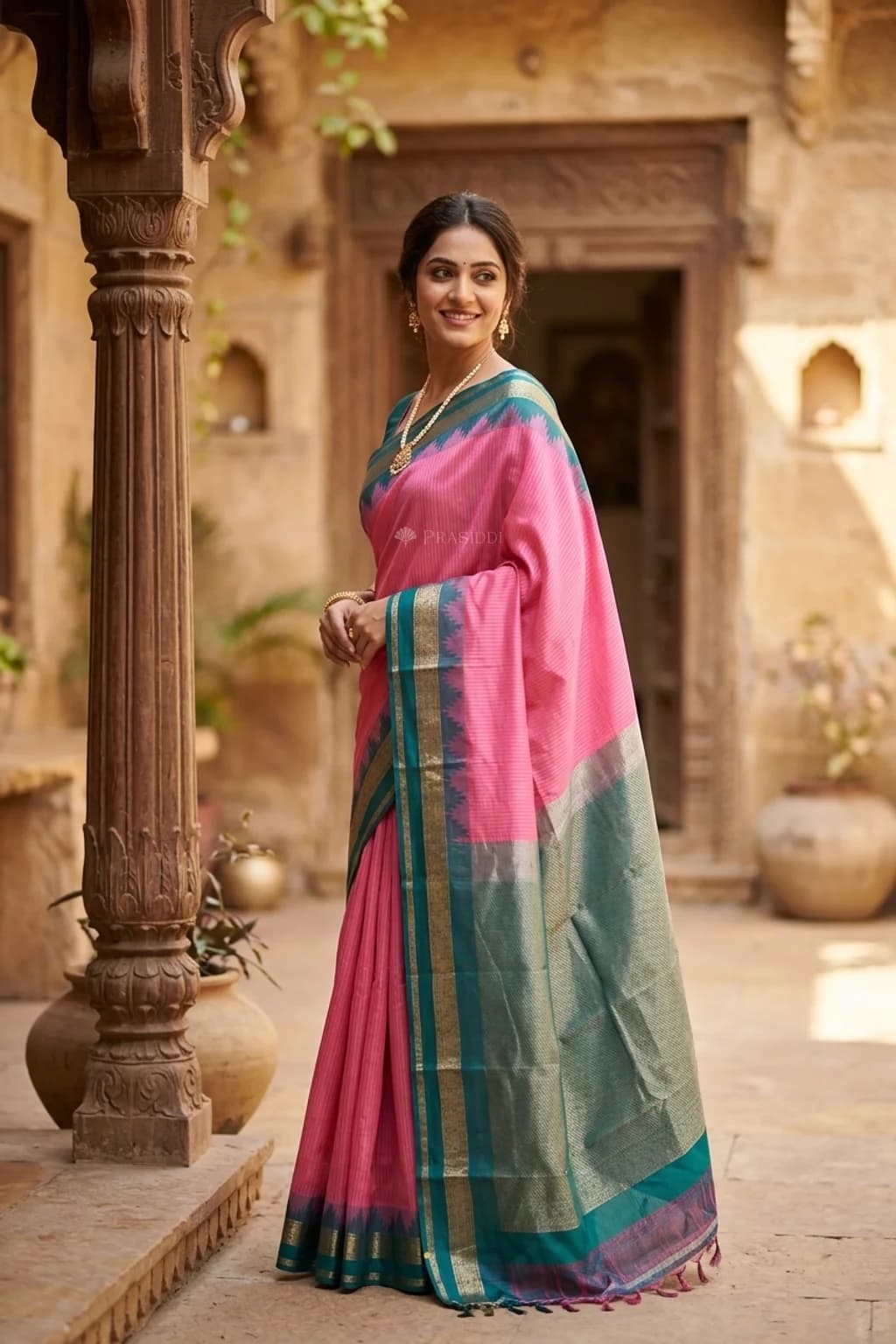 Pinkish Orange Silk Saree with Green Contrast Border and Grand Pallu – Model Displaying Full Saree