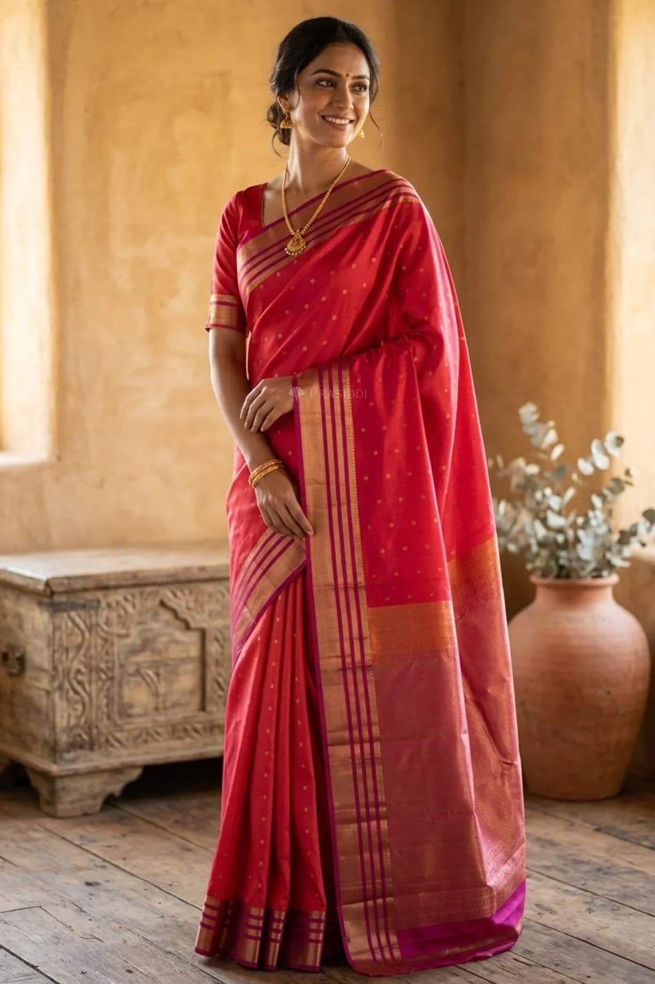 Pinkish Orange Silk Saree with Orchid Butti and Contrast Border Displayed on a Model. – Display Image