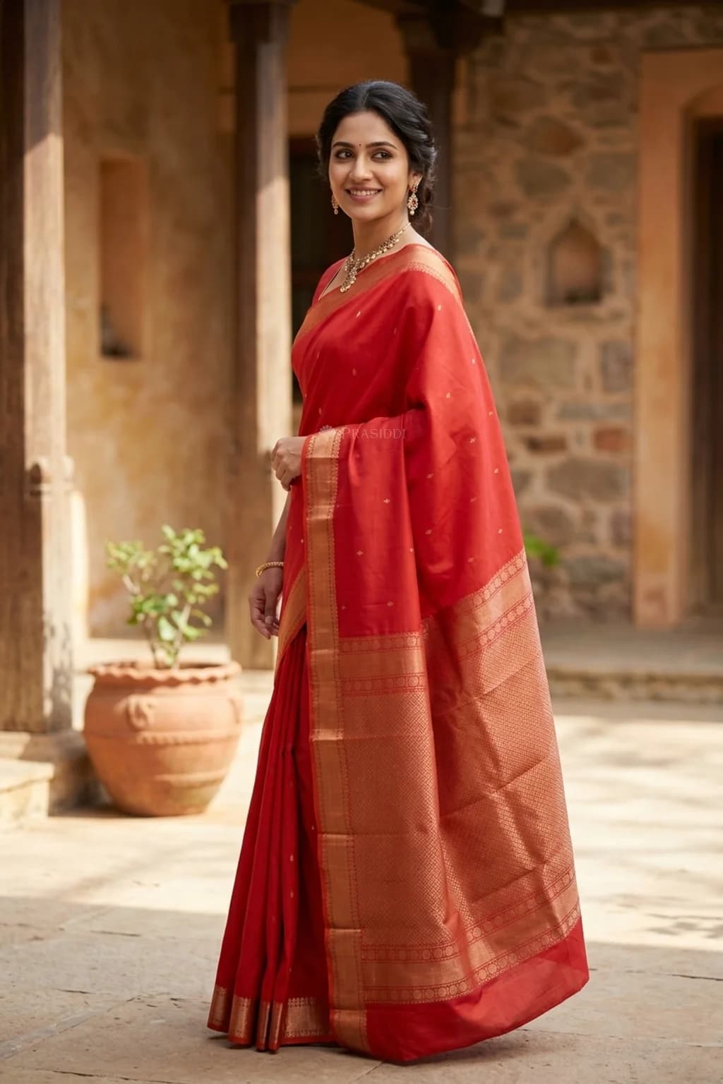Pinkish Orange Silk Saree with Woven Work and Butti Motifs and classical border border – Model Displaying Full Saree