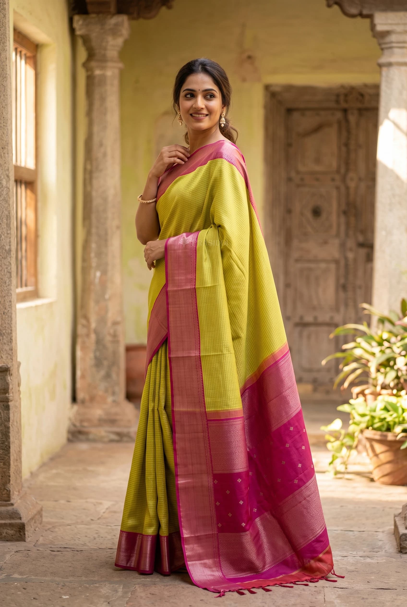 Pistachio Green and Magenta Silk Saree with Classical Border and Grand Pallu. – Model Displaying Full Saree