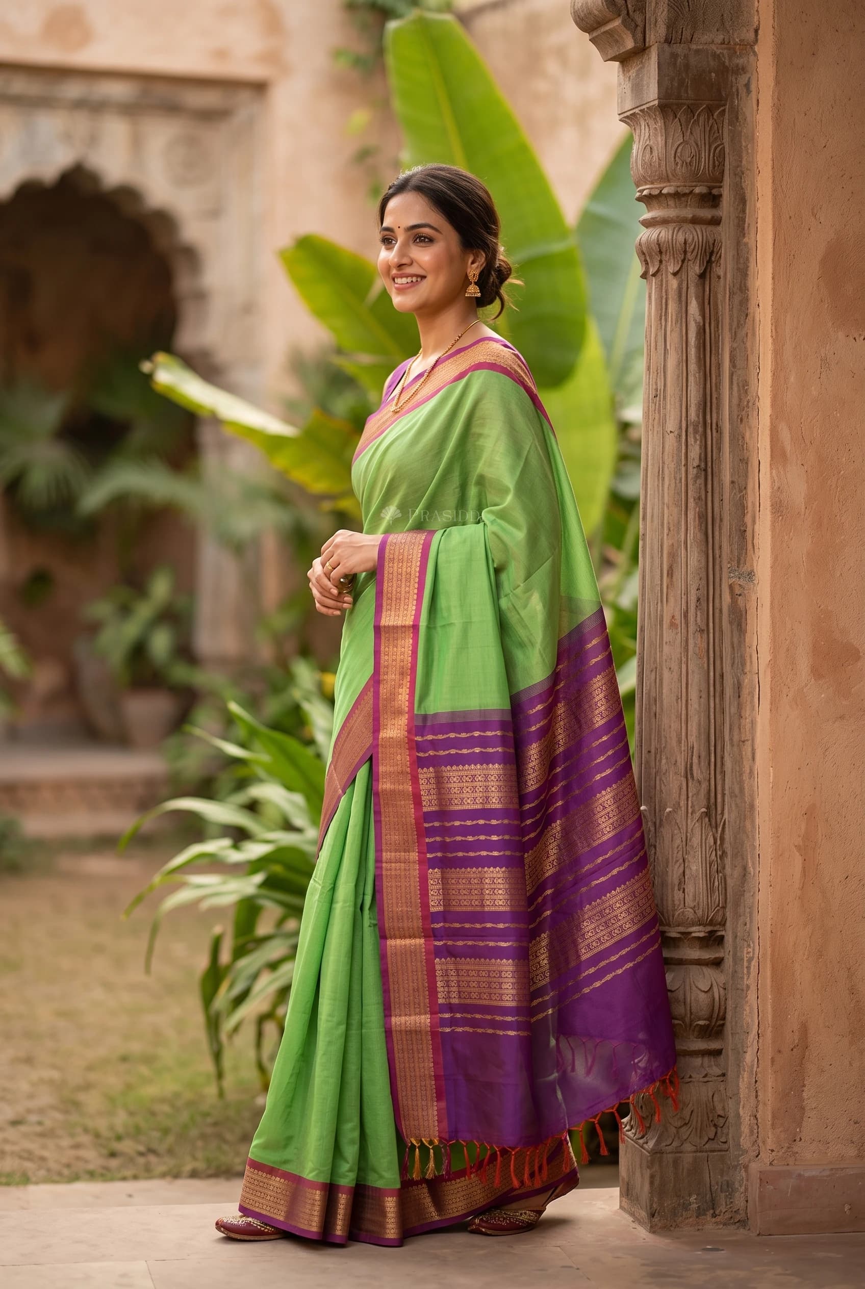 Pistachio Green and Purple Pattur Silk Cotton Saree with Contrast Border and Grand Pallu – Model Displaying Full Saree