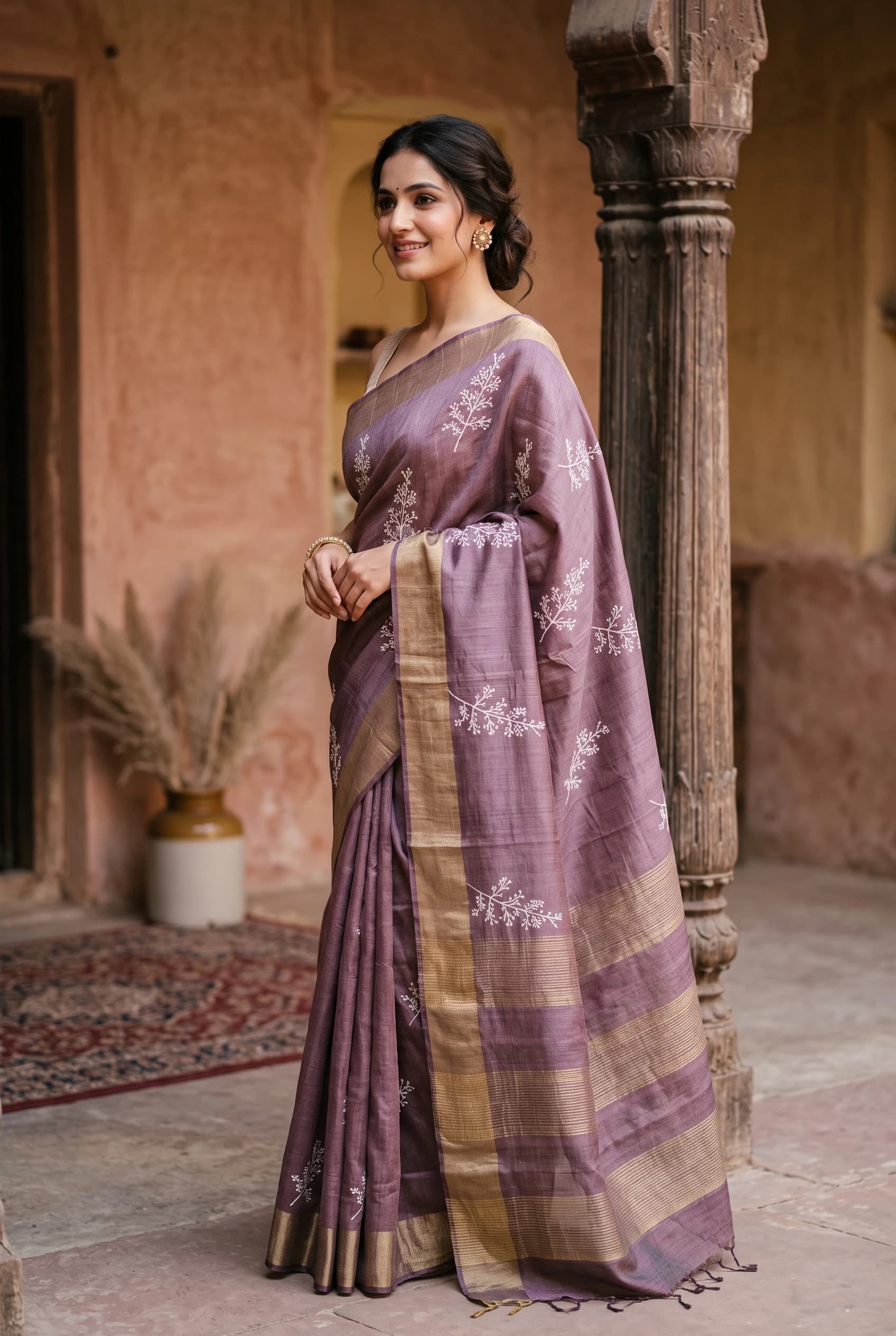 Plum Embroidered Tussar Silk Saree with Intricate Embroidery and Border – Model Displaying Full Saree